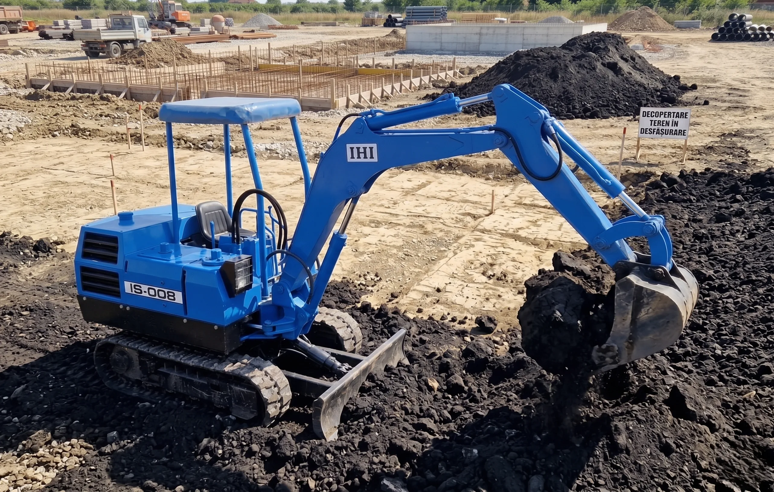 Excavator albastru la sapaturi pe santier